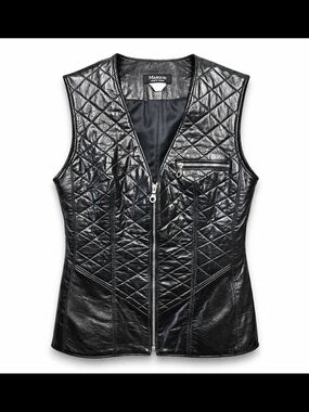 Vintage Marquis Black Leather Vest Quilted Moto Fitted Shiny Soft XS S